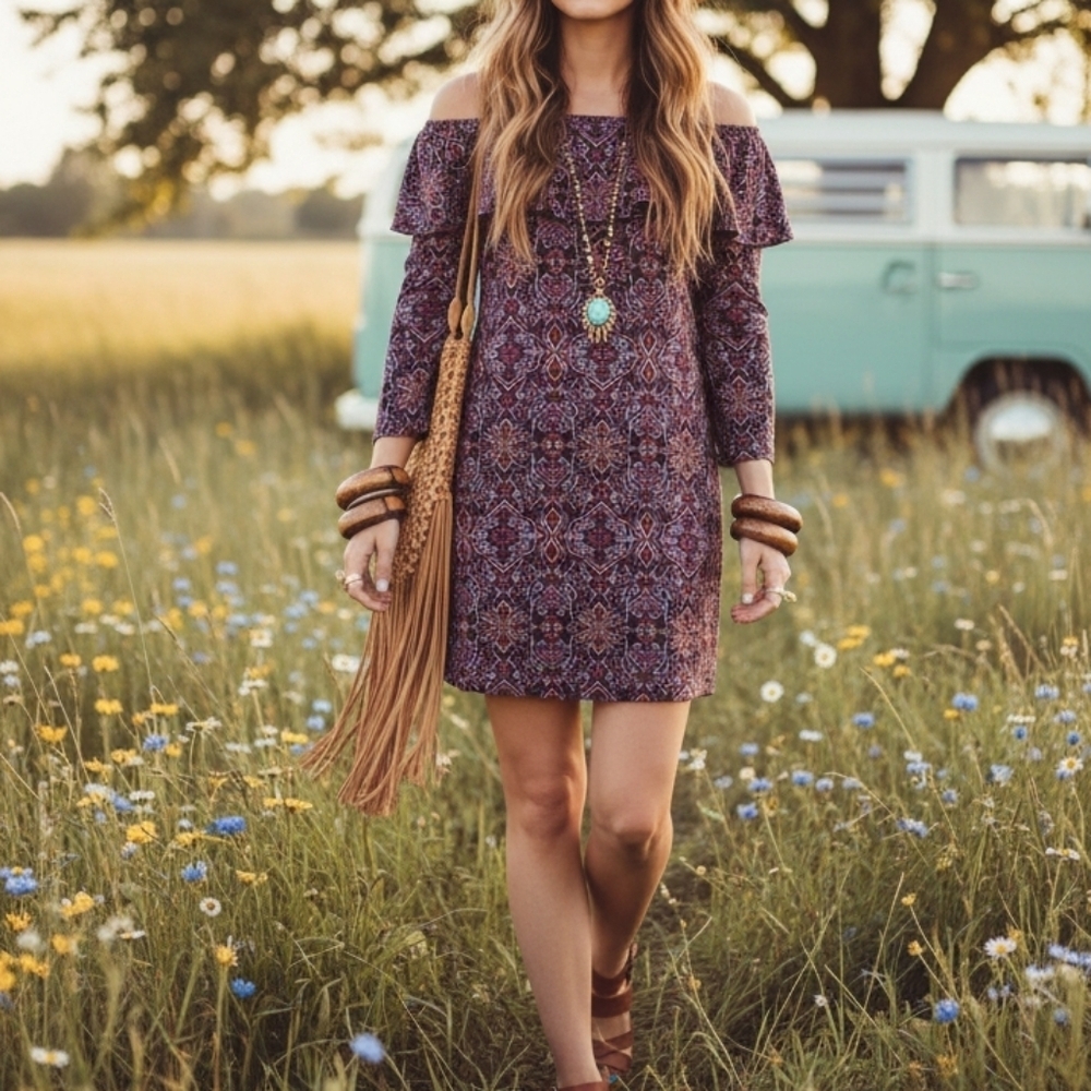 Vintage Off-the-Shoulder Paisley Purple Print Dress - Size M Boho-chic 70s
